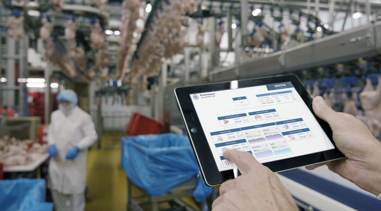Man interacting with a dashboard on an iPad for products in a factory