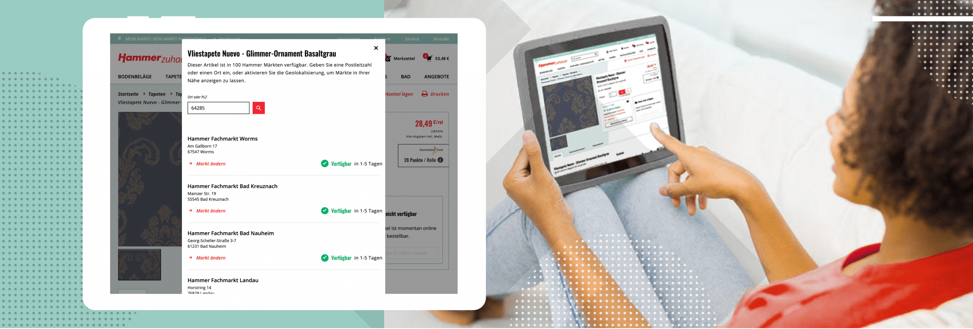 Frau bestellt per Click and Collect im Hammer Zuhause Onlineshop